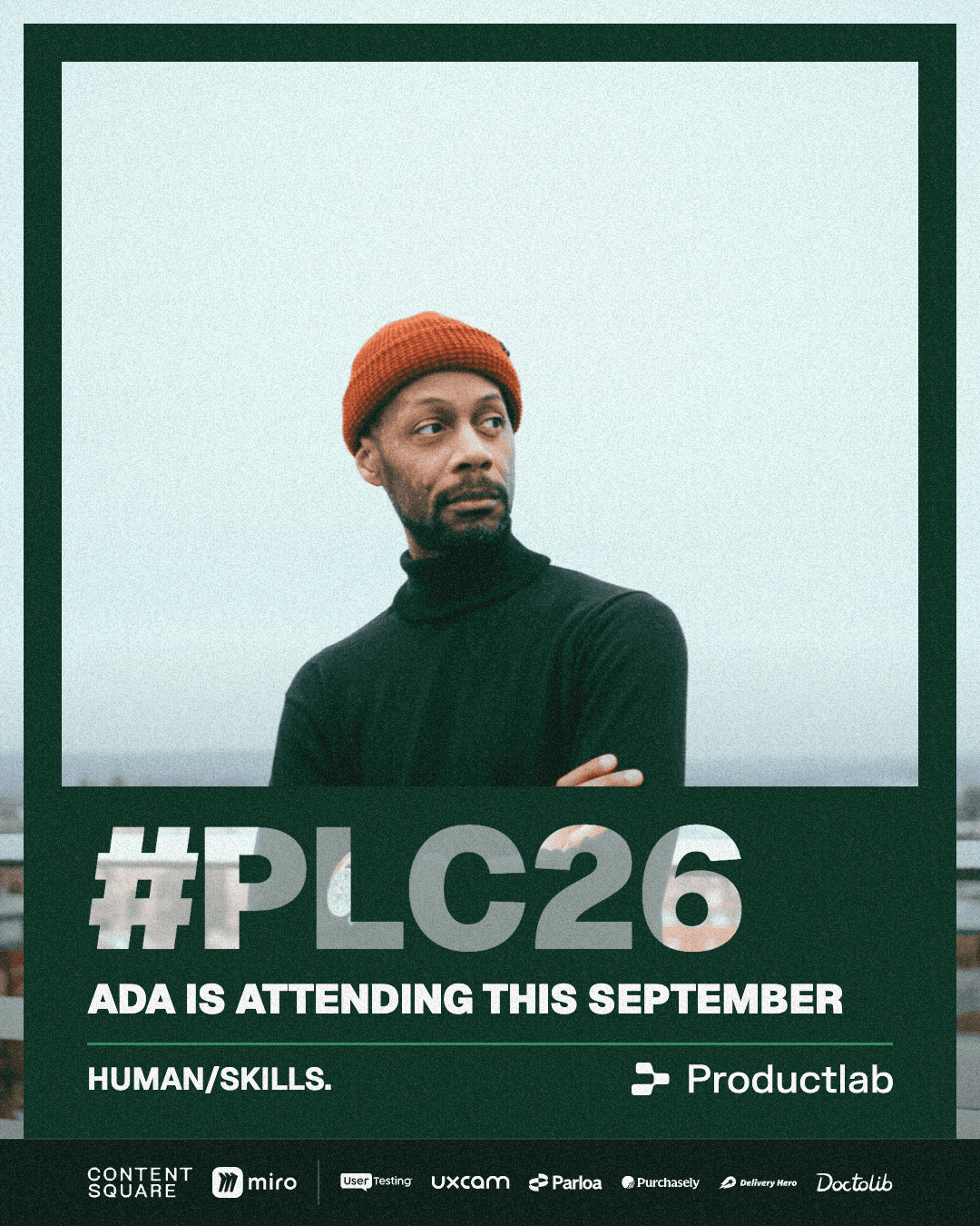 Poster badge in deep green: a portrait above the line “Ada is attending this September”.