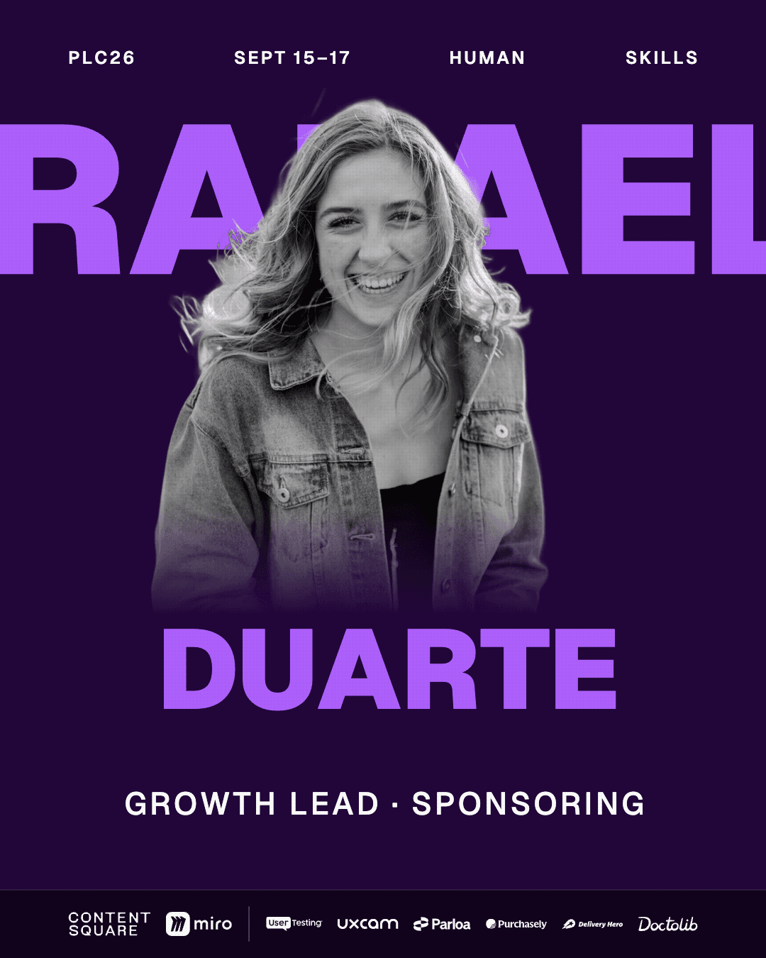 Conference badge in violet with the name Rafael set huge behind the portrait.